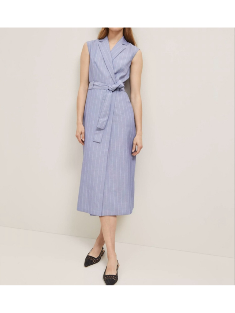 Ann Taylor Belted Blazer Blue & White Pinstripe Sleeveless Wrap Midi Dress 12p